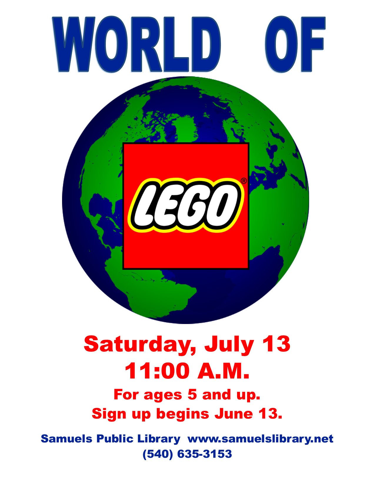 Lego fans!  Join us on Saturday, July 13, at 11:00 A.M.