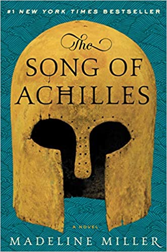 illustration of a gold Greek helmet, cover for the book song of Achilles