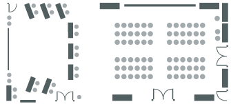 Room with two halves and two sets of chairs facing screens