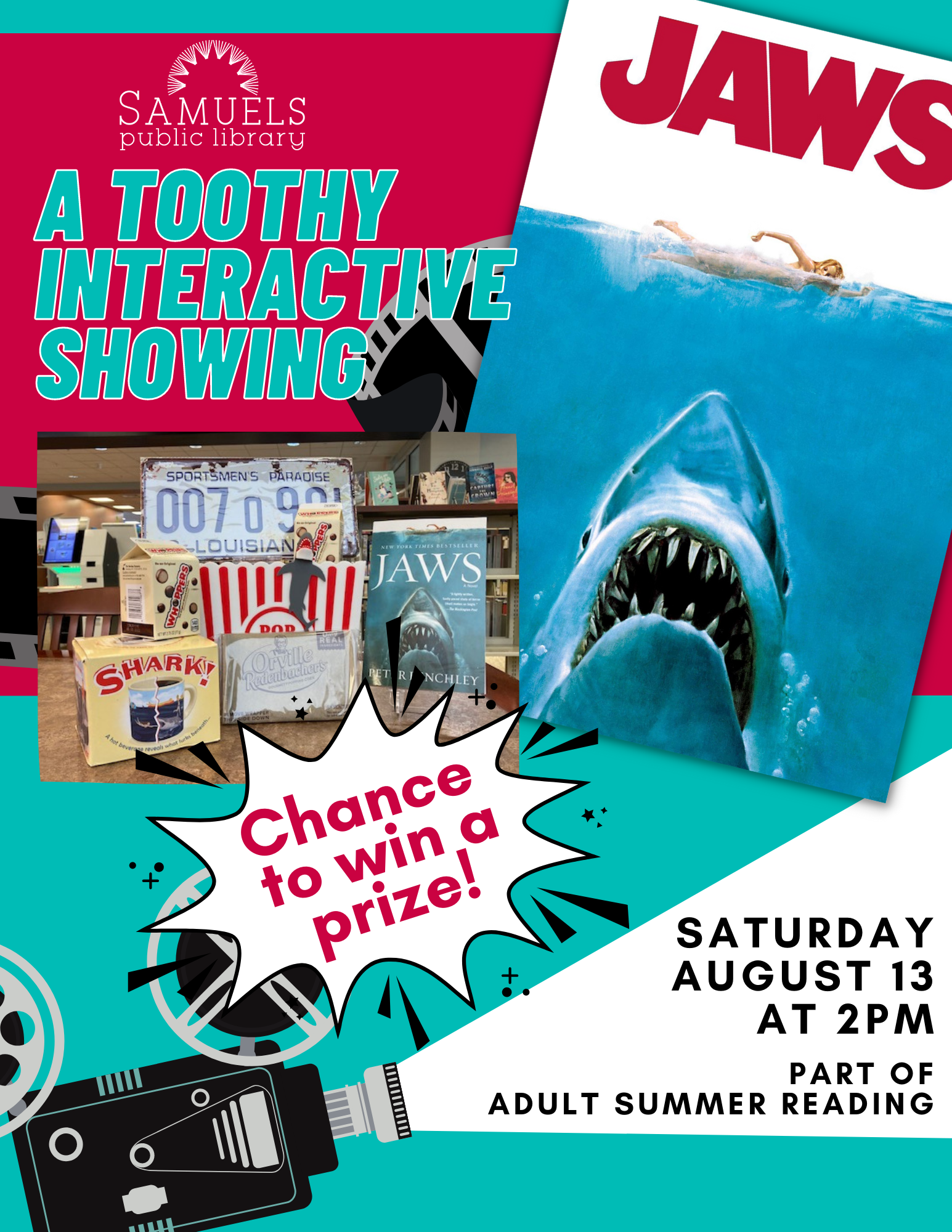 program flyer showing movie poster with shark and prize basket