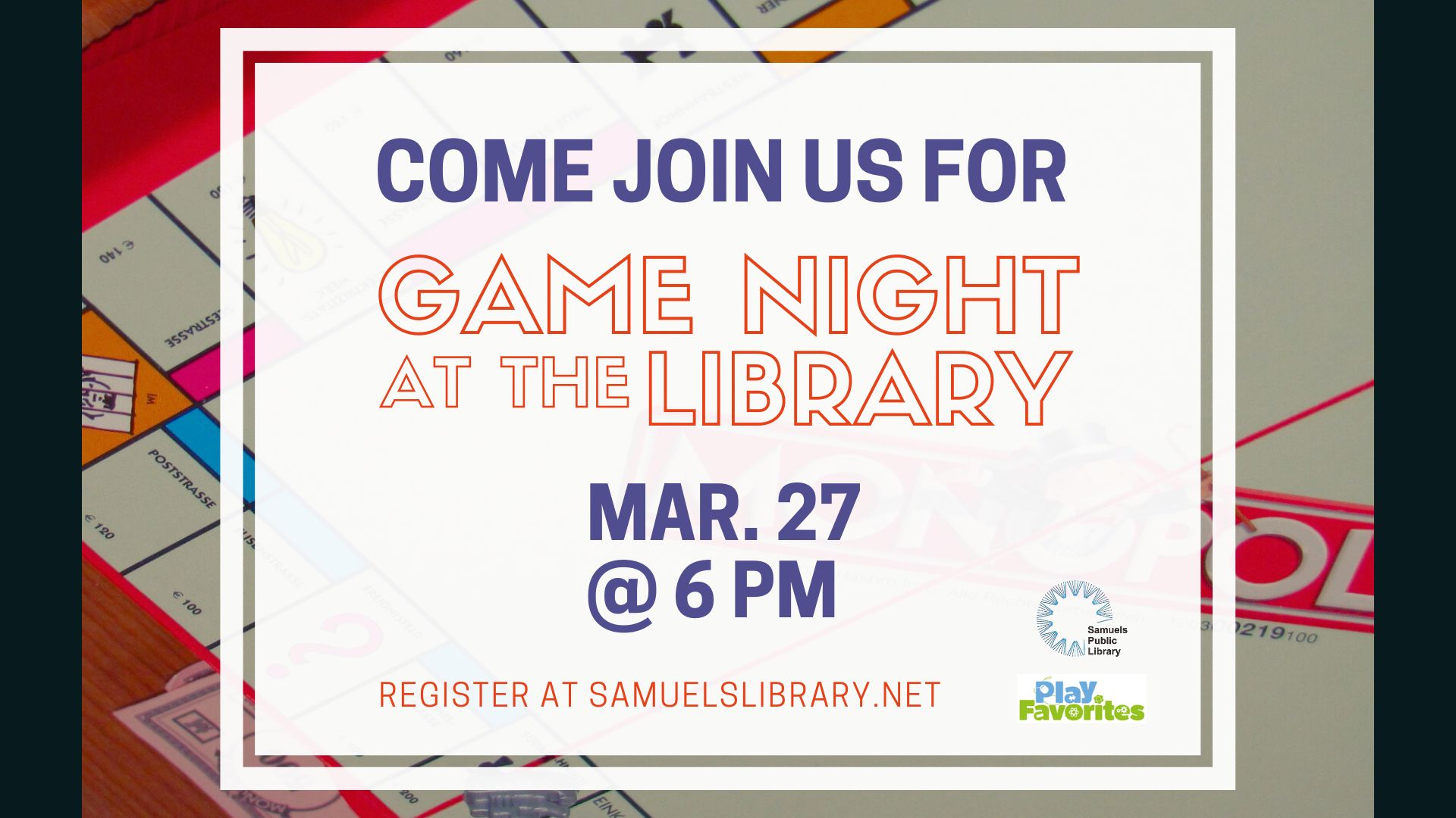 Come join us for Game night at the library! March 27th at 6 PM.