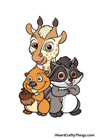 picture of giraffe, raccoon, and squirrel