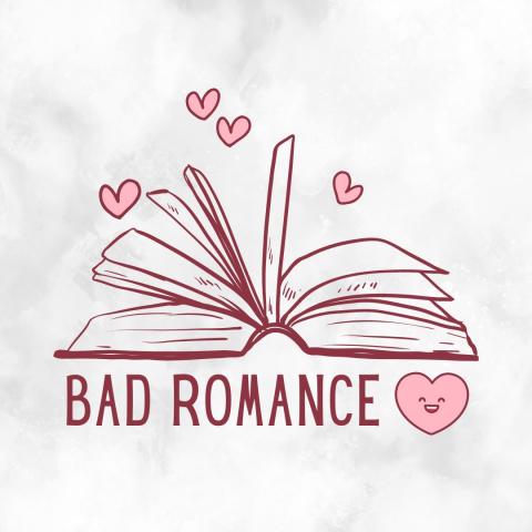 a pink-tinted open book with hearts flying out from the pages above the words Bad Romance