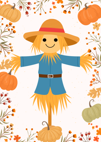 scarecrow, pumpkins, and leaves