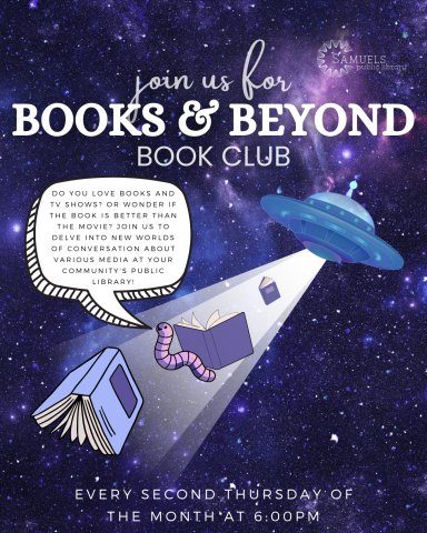 Books and Beyond book club banner of a ufo beaming up books and a worm
