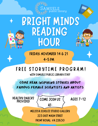 Poster for the Bright Minds Reading Hour off site program, explaining things like the time and date of the event.