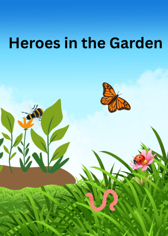 ladybug, butterfly, worm, and bee in a garden