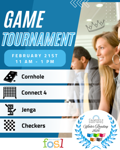 Game Tournament poster, Compete in Cornhole, Connect 4, Jenga, or Checkers. 