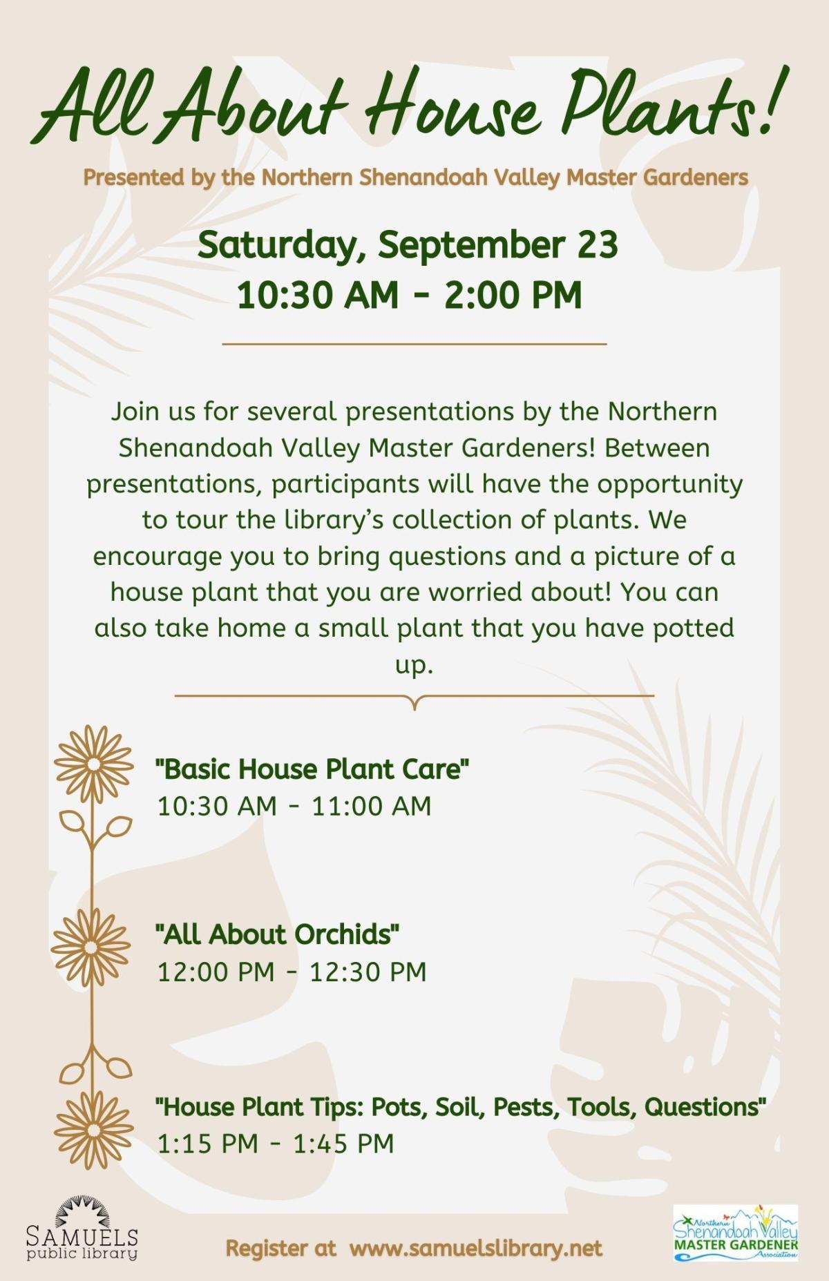 All About House Plants! Tabloid showing the event details in green text on leafy designed background.