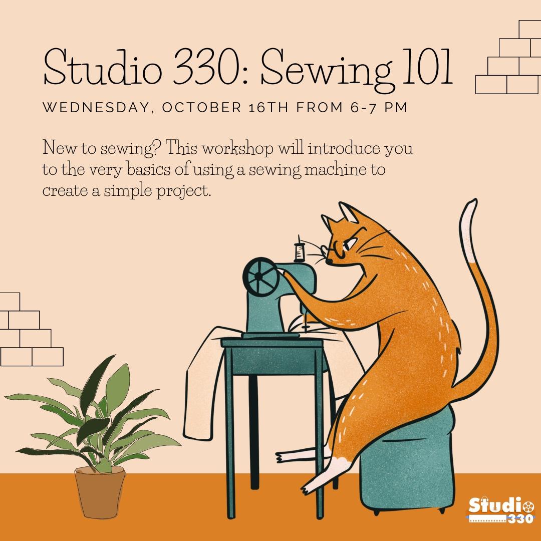 Cat using a sewing machine with event description. Event description: New to sewing? This workshop will introduce you to the very basics of using a sewing machine to create a simple project. 