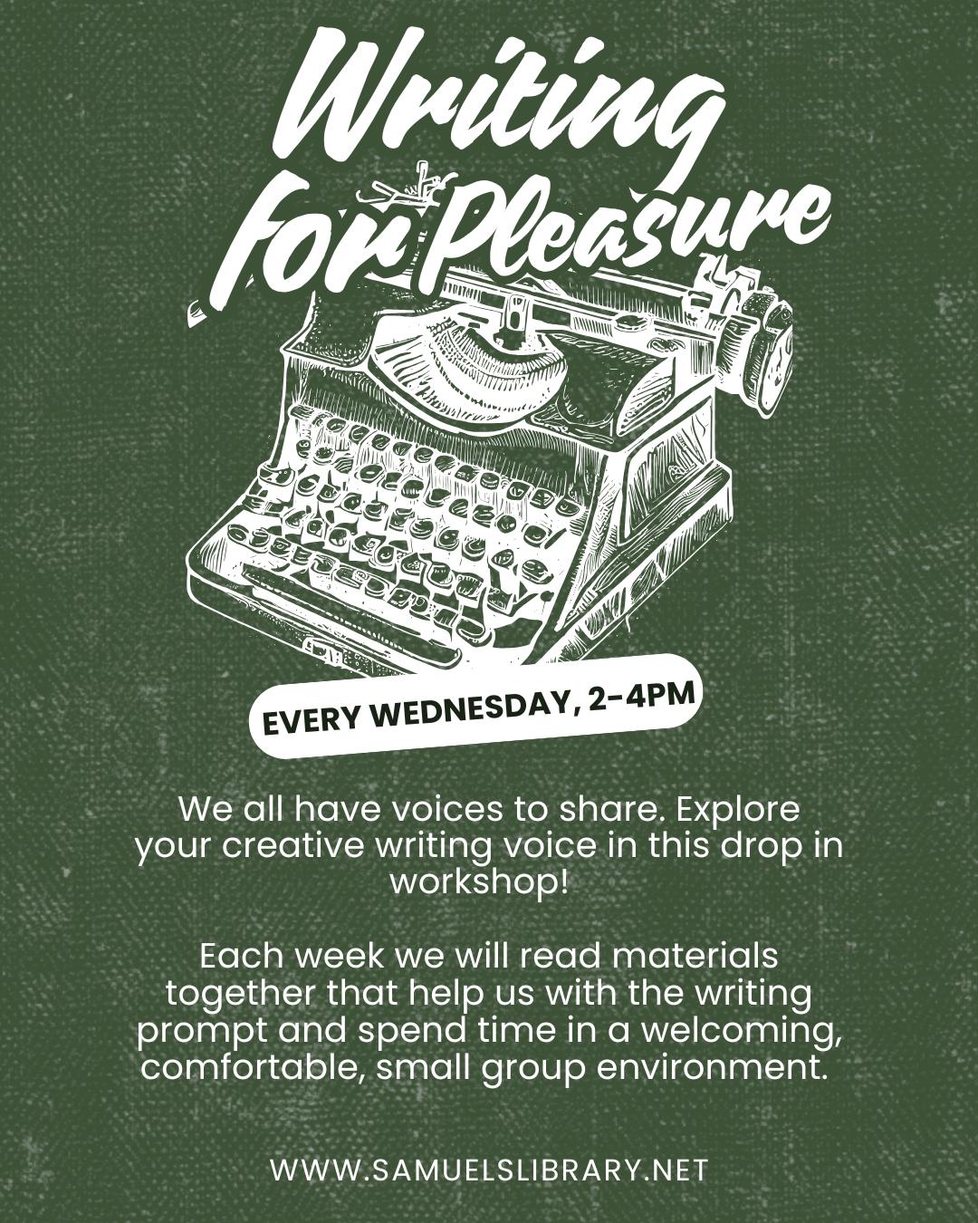 type writer with writing for pleasure/event details