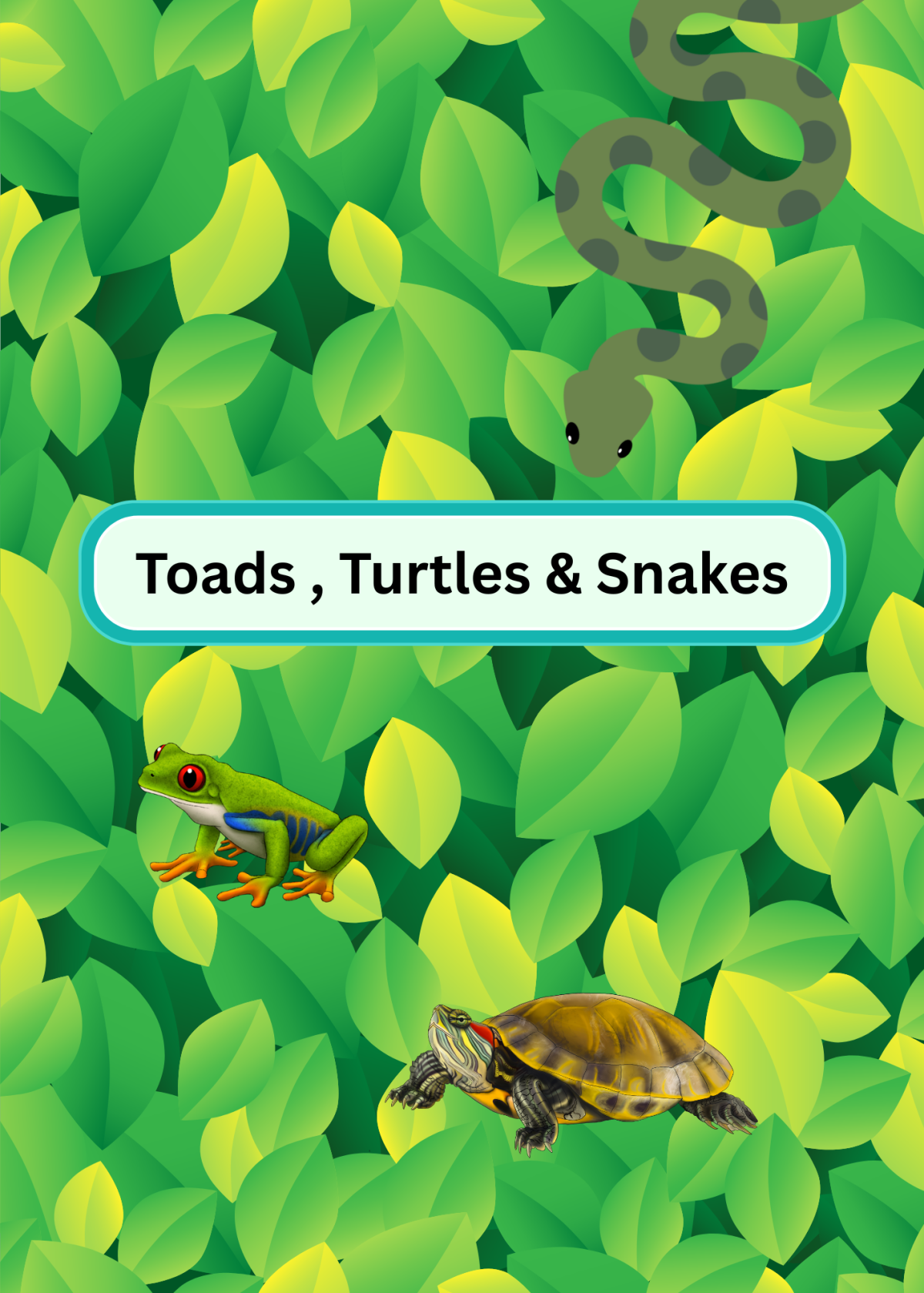 a snake, frog, and turtle in leaves